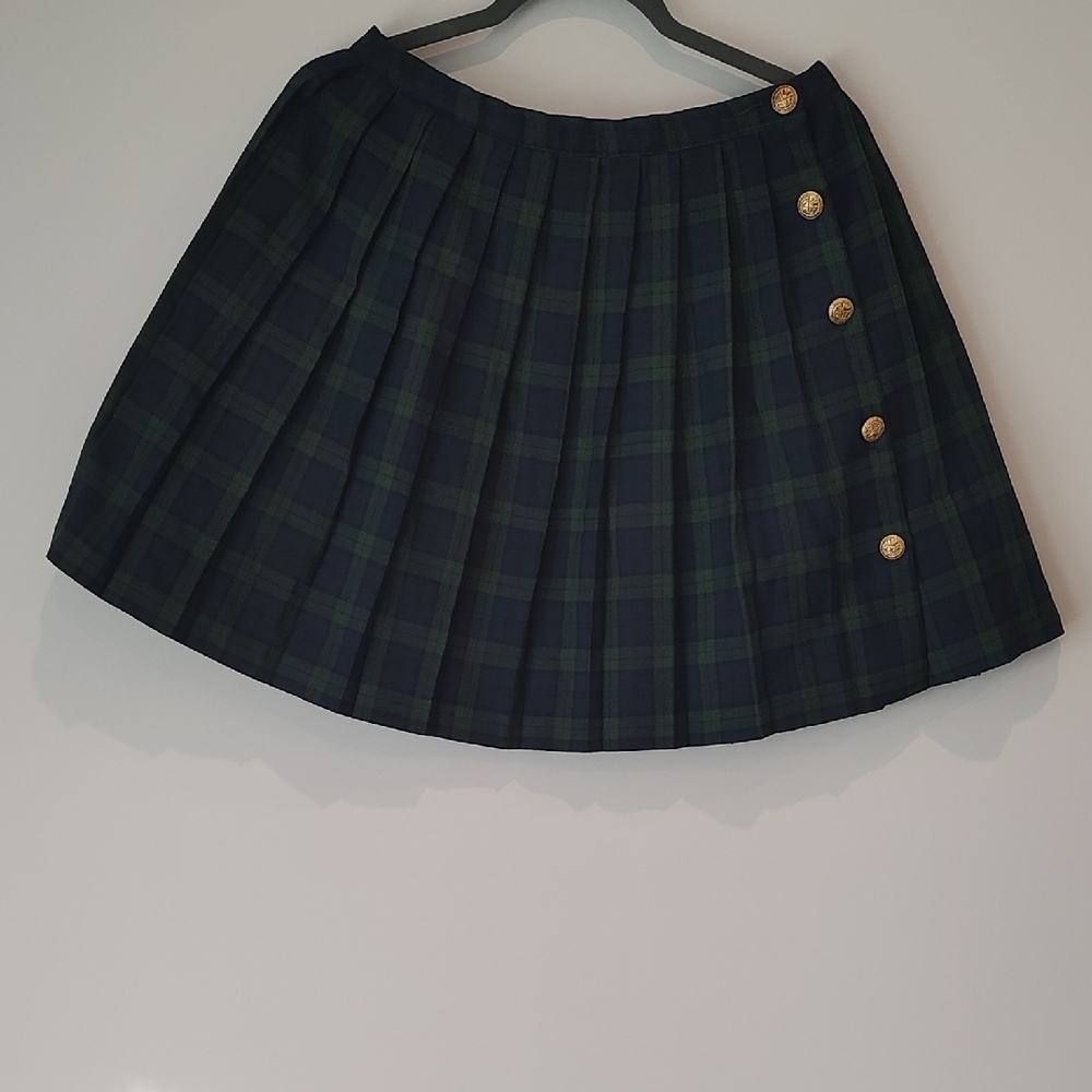 Vintage Green, Blue Pleated Plaid Gold Button-Accent Grunge Preppy  Y2k Skirt